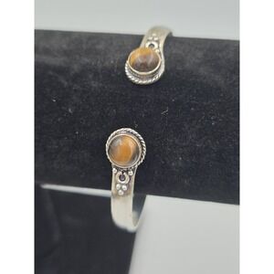 Sterling Silver 925 Tiger Eye Gemstone Open Cuff Bangle Bracelet 6.75-7